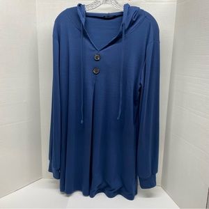 Lotusmile Blue Long Sleeve Hoodie Tunic Top Button Swing Pullover XL Loose Fit